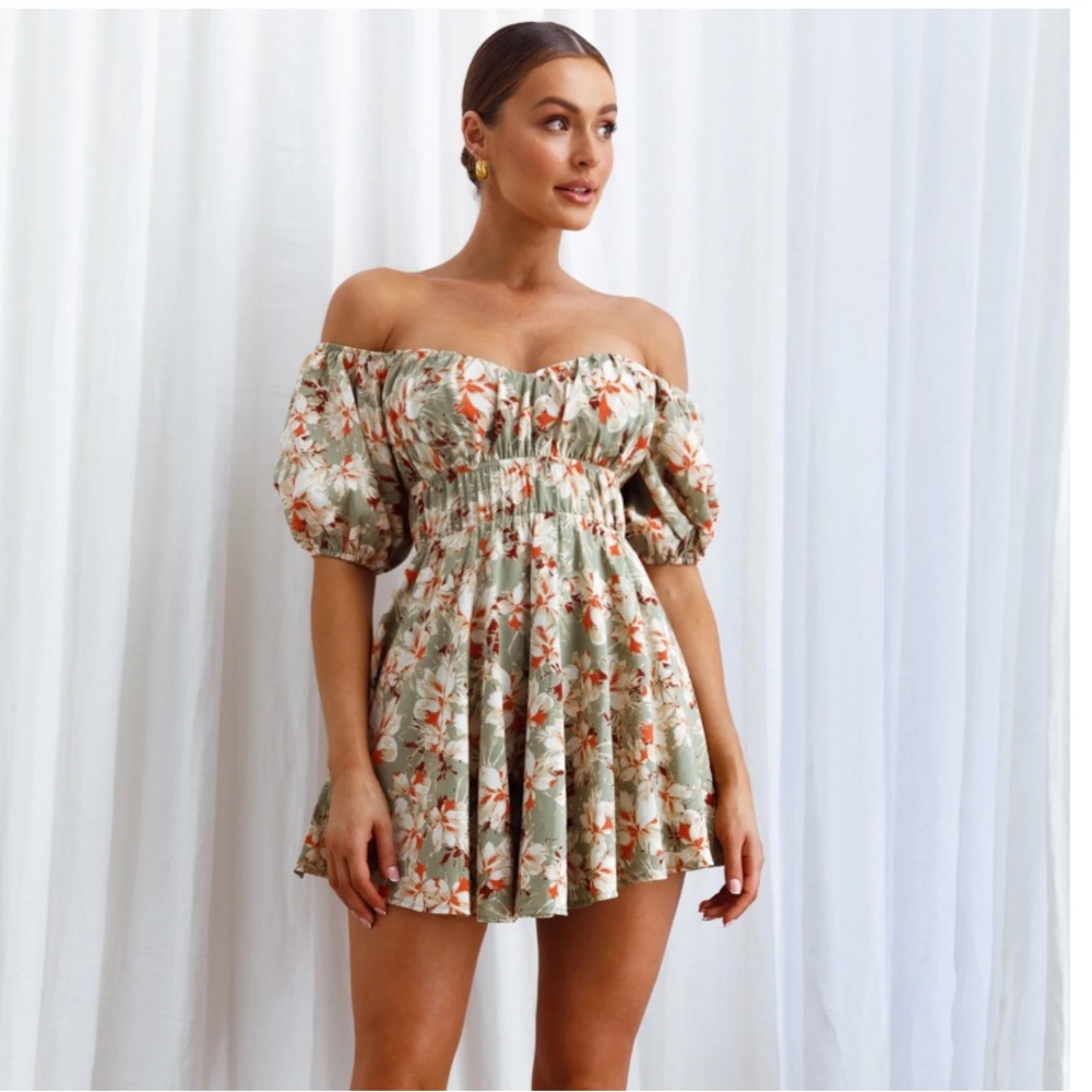 Chasing Sunsets Off-Shoulder Mini Dress Floral Green